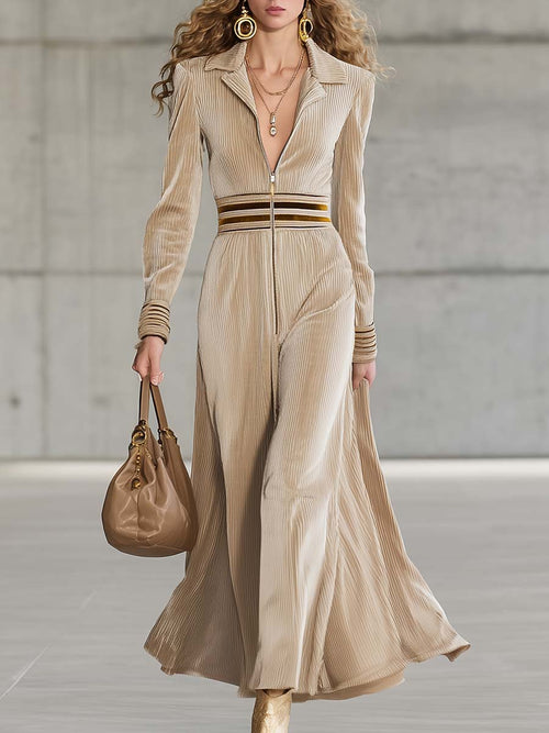 Maxi Robe en Velours Beige avec Zip Avant et Col V Sportif - Élégance et Chic