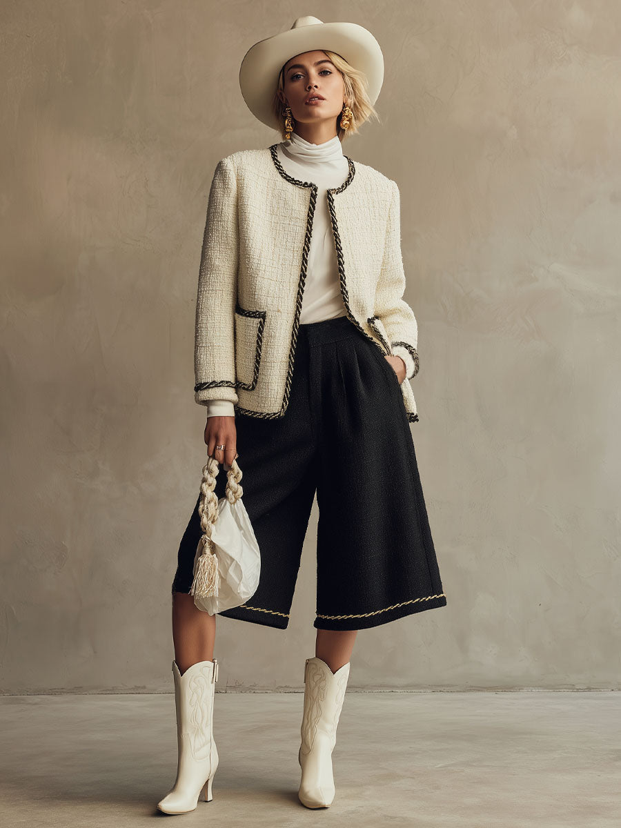 Ensemble Chic en Tweed : Veste à Col Rond et Pantalons Croisés à Jambes Amples
