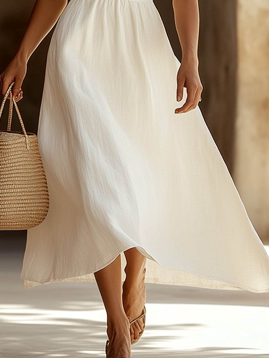 Robe Maxi Sans Manches en Coton et Lin Blanc - Élégance Classique et Confort Assuré, Expédition en 24 Heures!