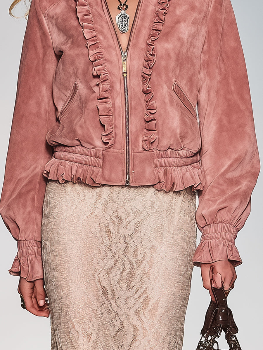 Veste Vintage en Faux Suède Rose avec Volants et Zip