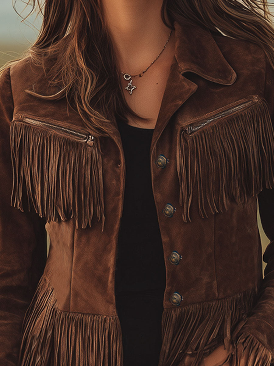 Veste en Suède Marron avec Franges - Élégance Western à Zip