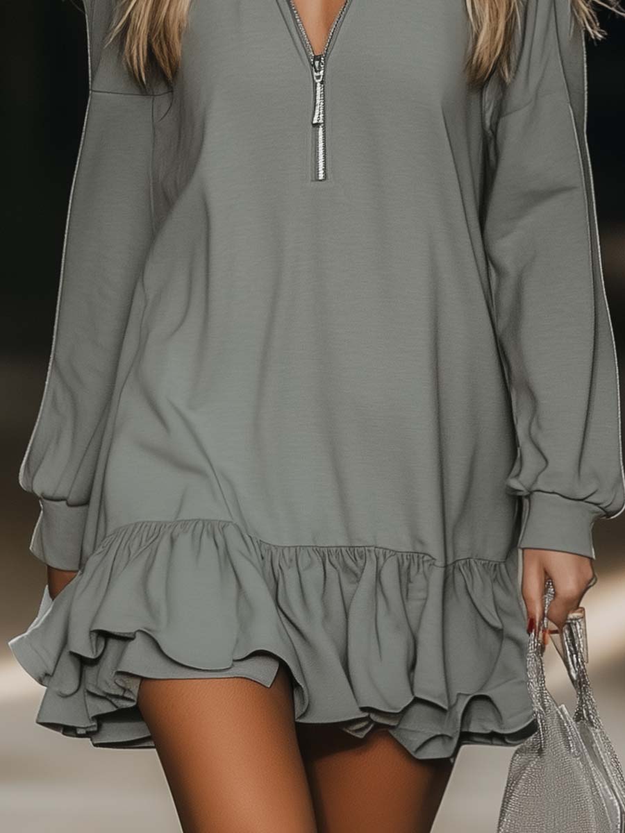 Robe Grise Décontractée Mini à Manches Longues, Col V et Fermeture Éclair - Finition en Ourlet de Lotus