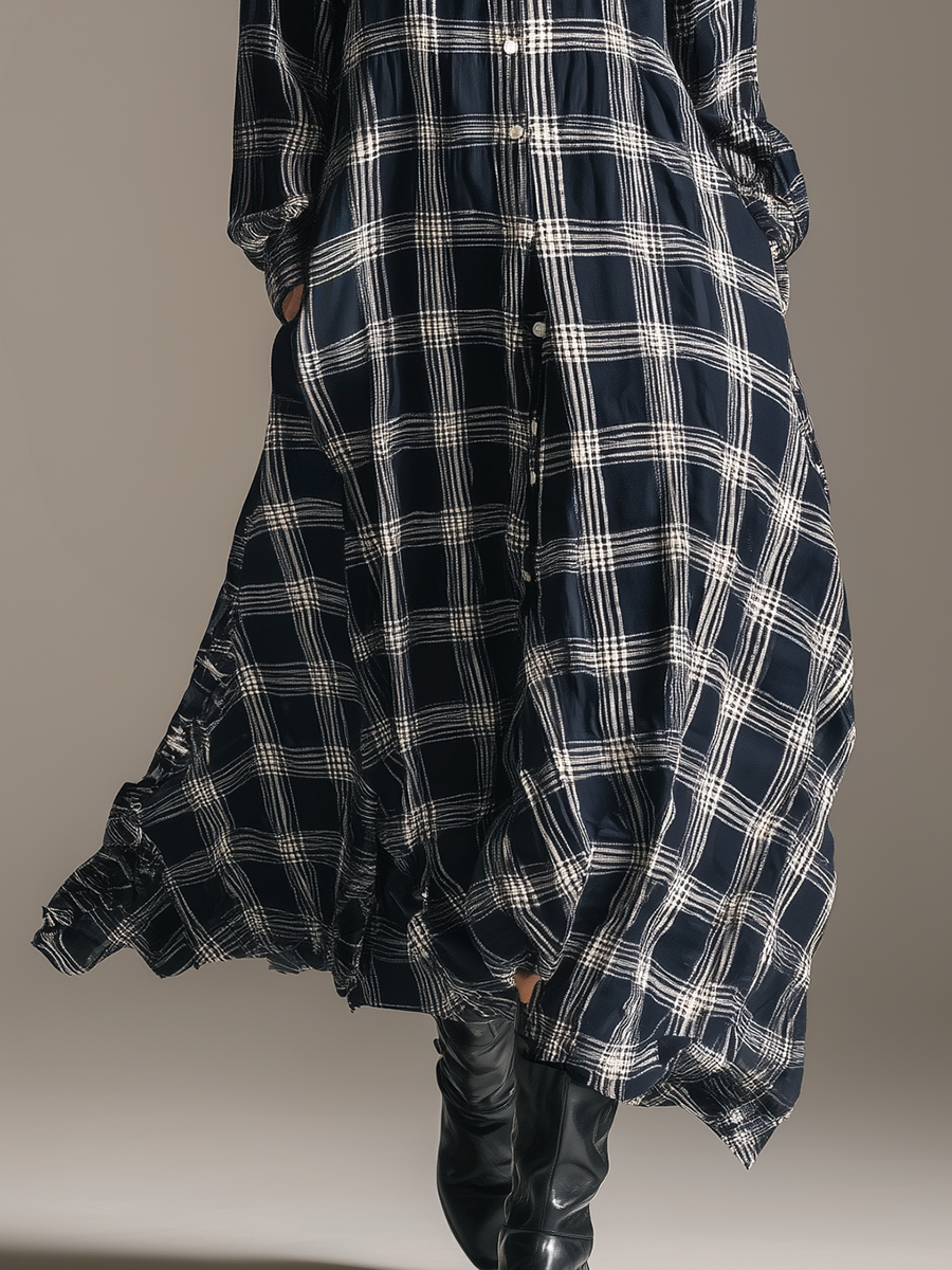 Robe Maxi Rétro à Carreaux : Élégance avec Col, Manches Longues et Coupe Ample