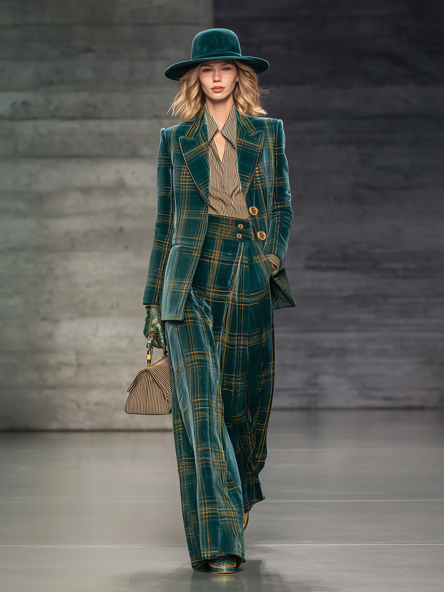Blazer en Velours à Carreaux Verts Rétro avec Pantalon Large Taille Haute : Élégance et Style Assurés