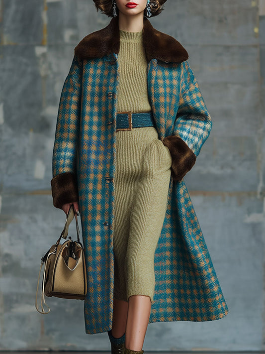 Veste en Laine à Motif Carreaux avec Col en Fourrure Vintage