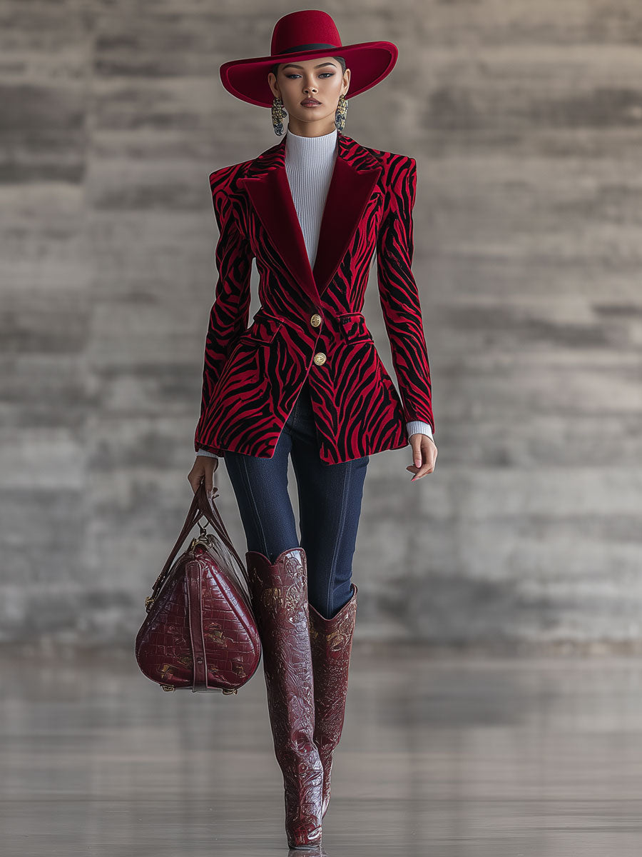 Veste en Velours Rouge à Motif Zèbre - Chic Nomade Urbain Rétro