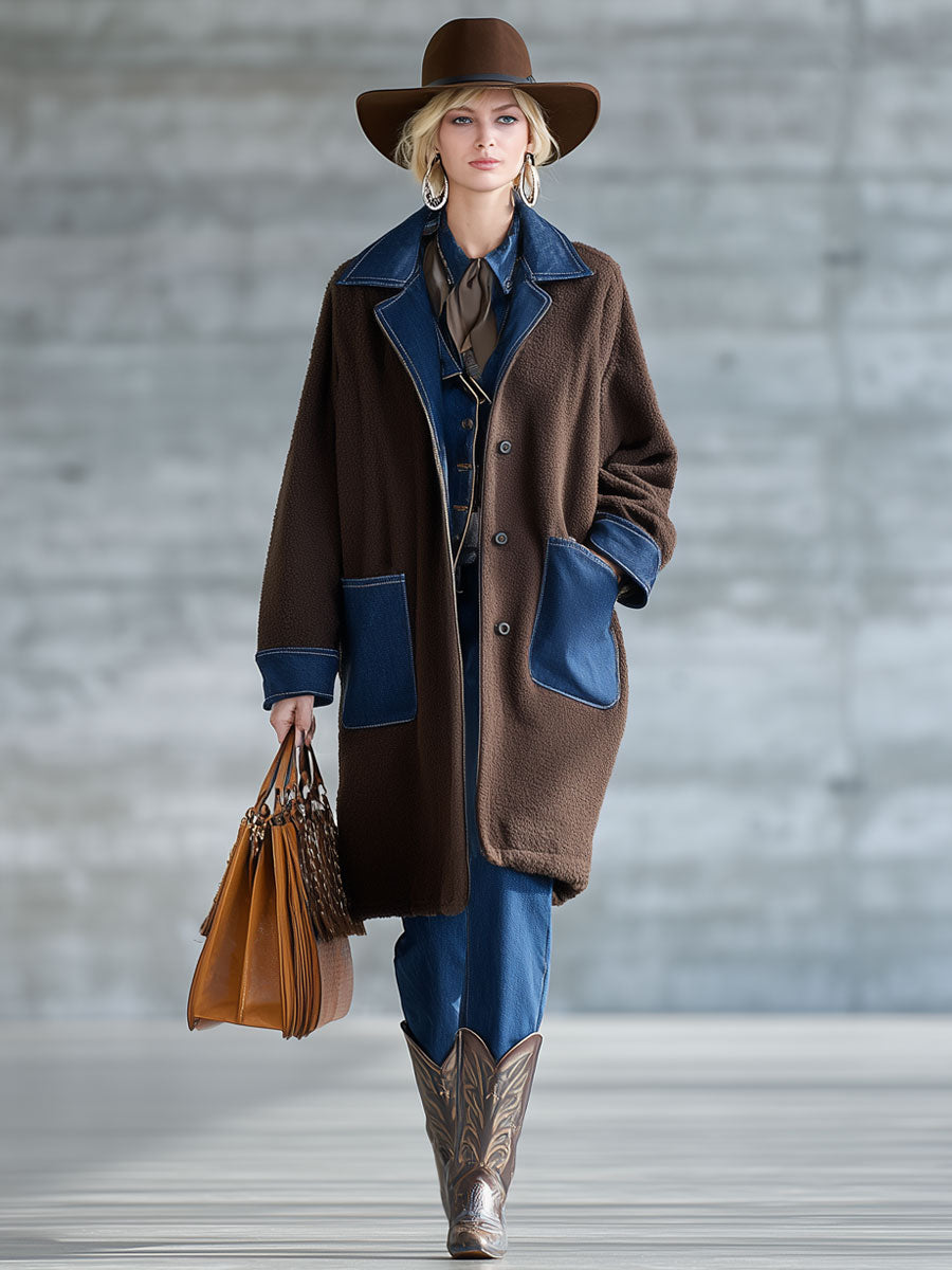Veste en polaire chocolat avec patchwork en denim - Chic nomade urbain rétro