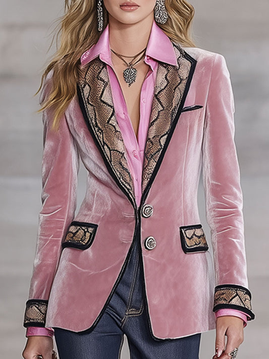 Veste en Velours Rose avec Imprimé Serpent au Style Western Rétro