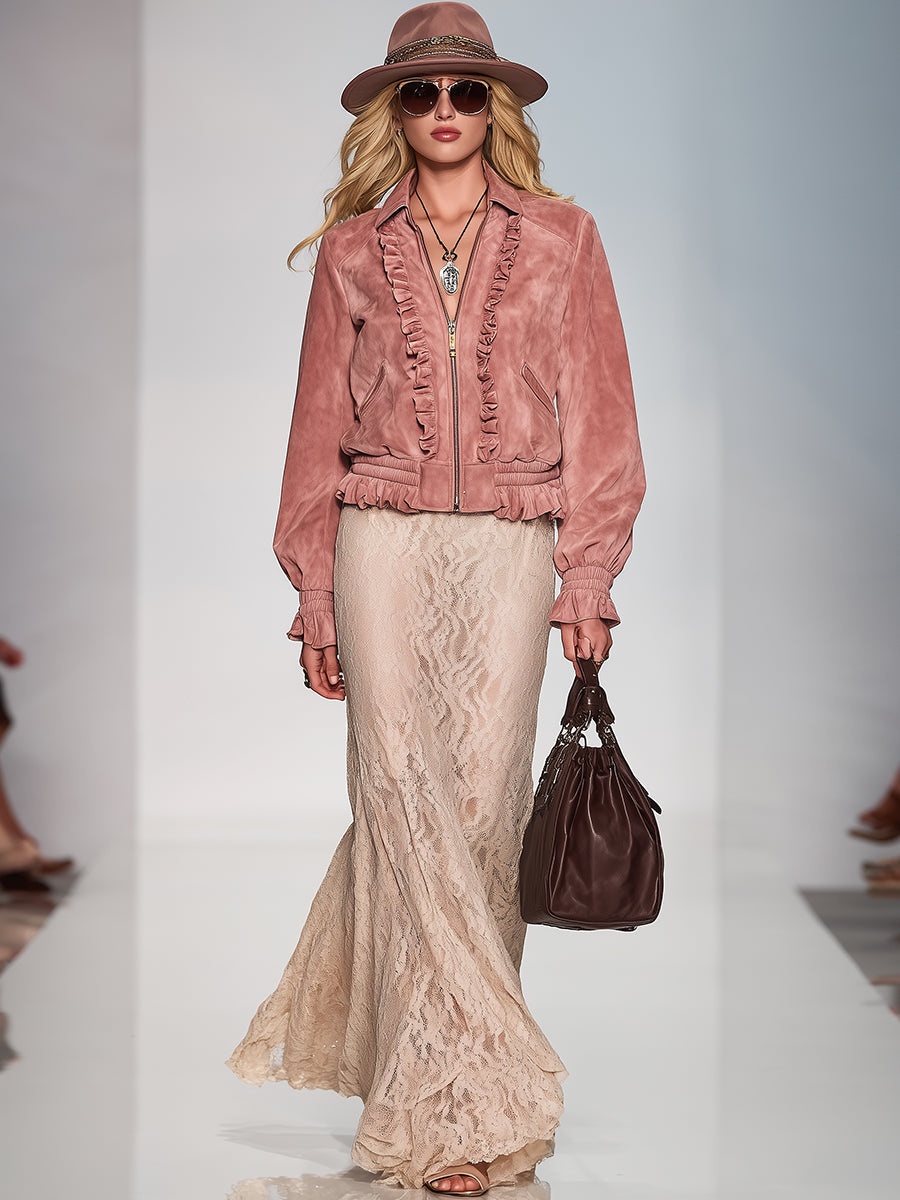 Veste Vintage en Faux Suède Rose avec Volants et Zip