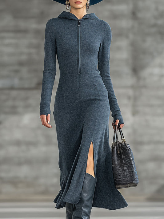 Robe Midi Vintage en Velours Grainé Bleu Foncé avec Capuche et Fermeture Éclair