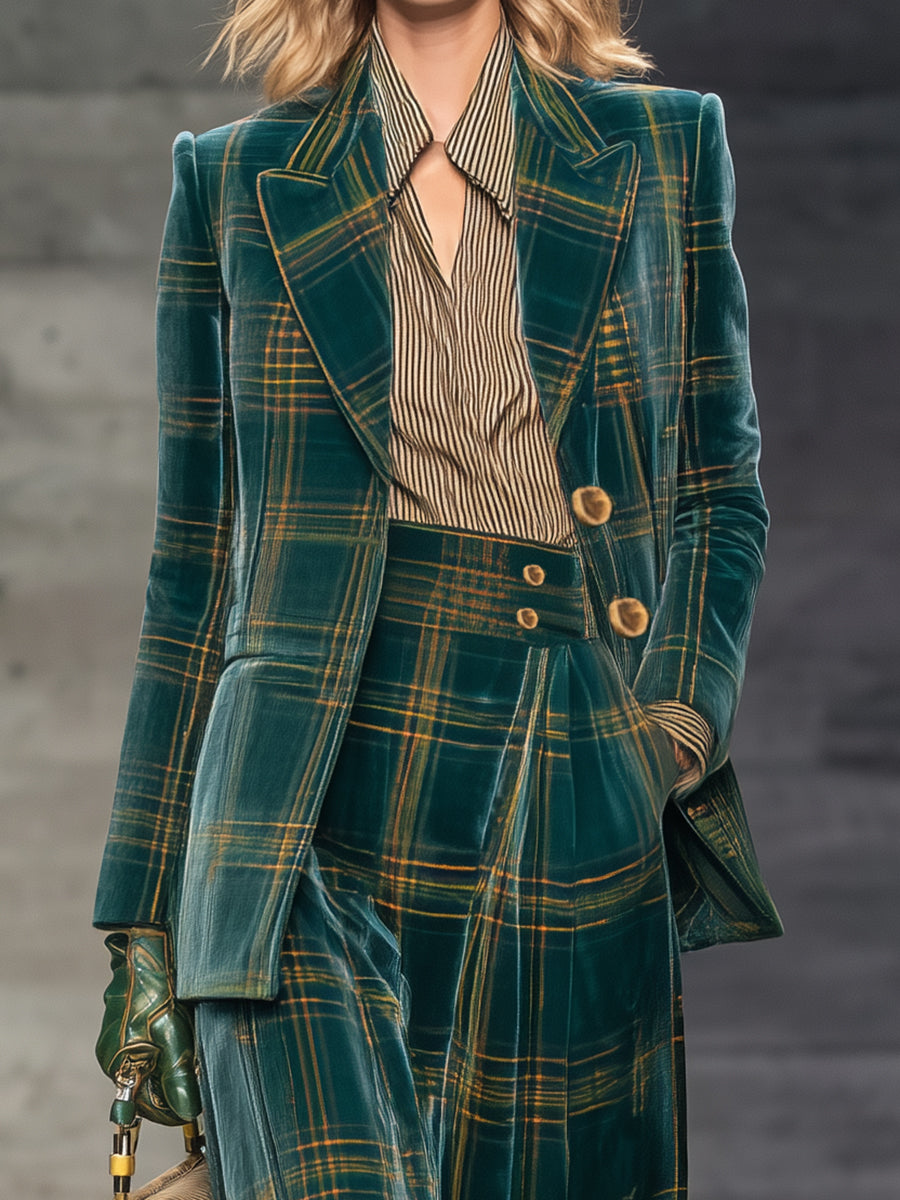 Blazer en Velours à Carreaux Verts Rétro avec Pantalon Large Taille Haute : Élégance et Style Assurés