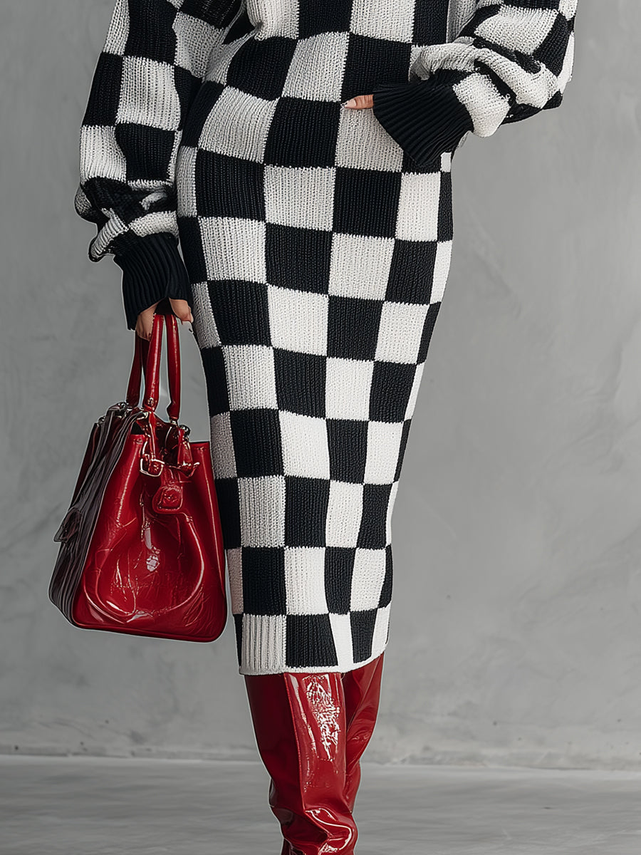 Robe Midi Tricotée à Motif Carreaux Noir et Blanc : Élégance Rétro et Tendance