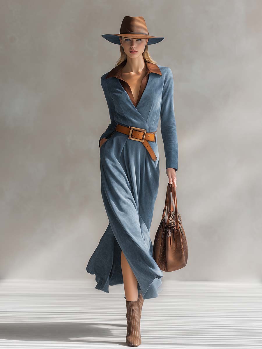 Maxi Robe en Faux Suède Bleu avec Col Western Chic