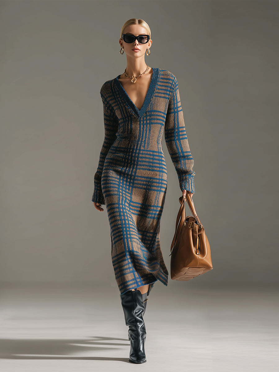 Élégante Robe Midi Tricotée V-Neck à Carreaux Bleu Kaki au Style Rétro