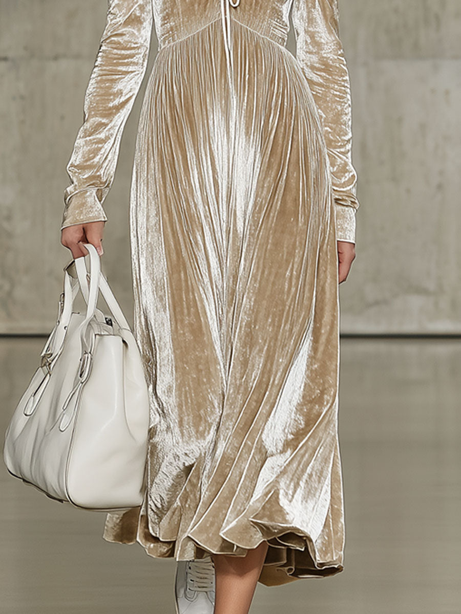 Robe Midi Velours Champagne Rétro à Manches Longues avec Plis et Détails en Lacets