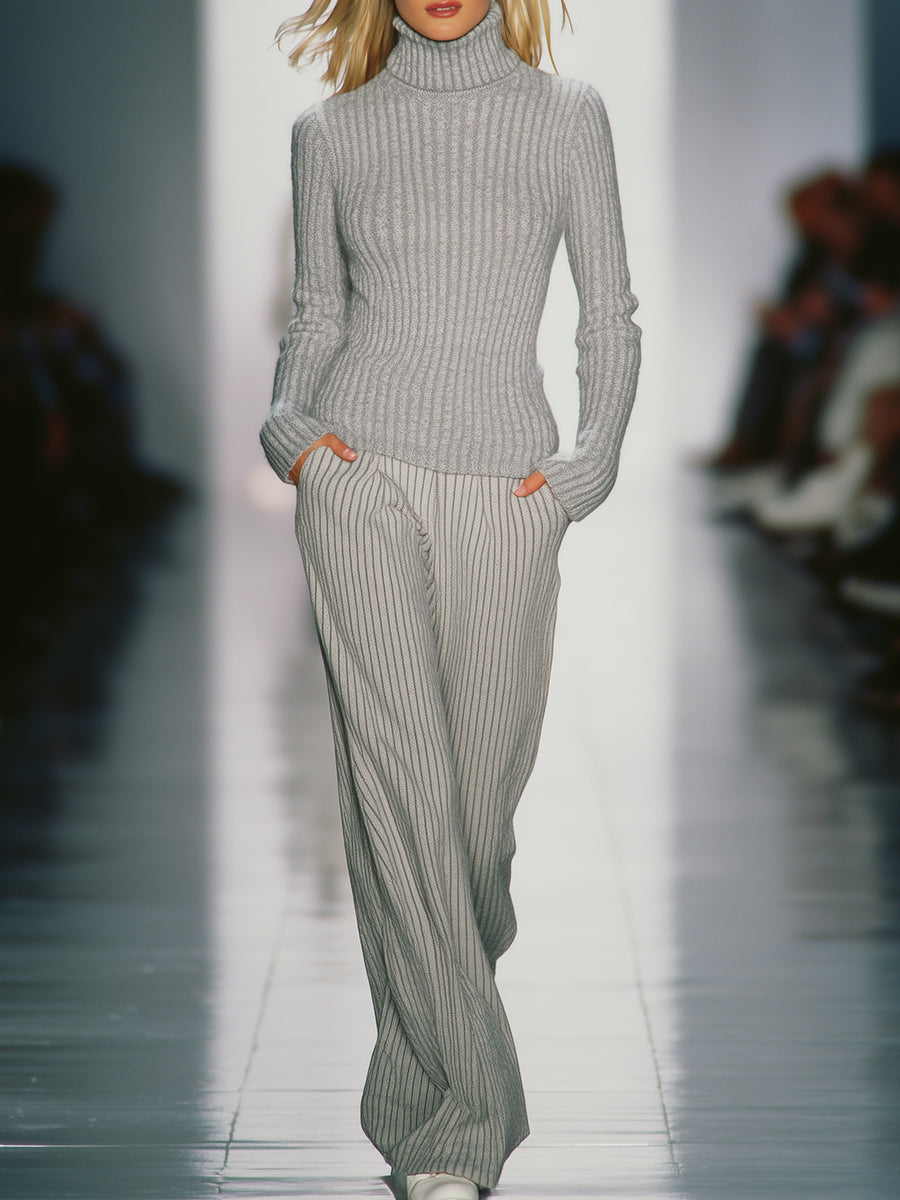 Ensemble Tricoté Chic : Pull Col Roulé Gris Clair et Pantalon Élégant