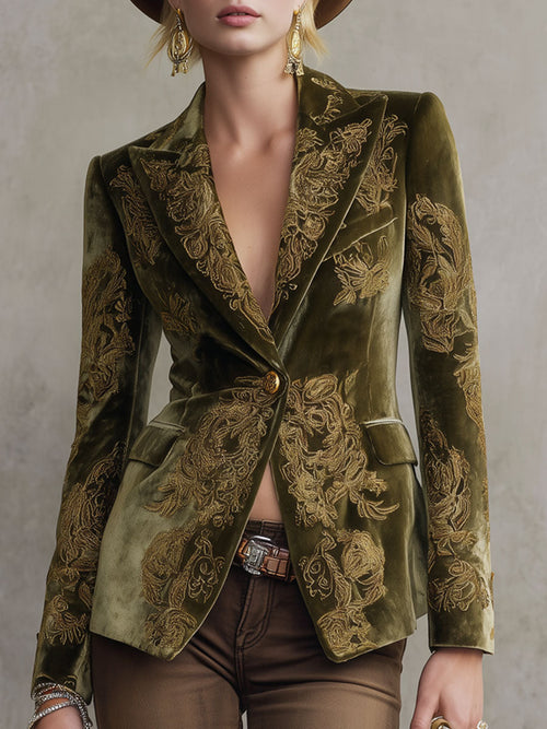 Veste décontractée en velours à motifs floraux rétro à un bouton