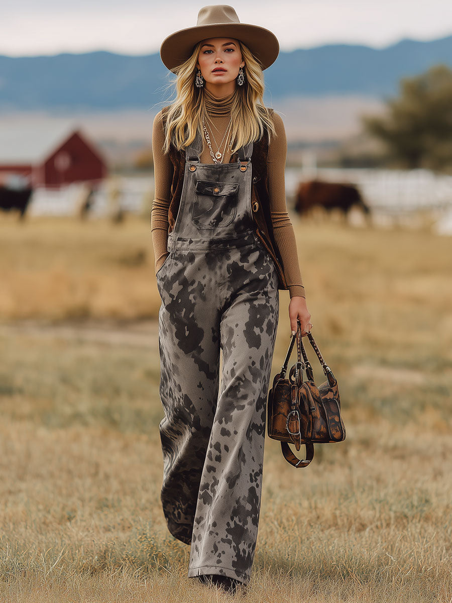 Salopette Oversize en Velours Gris à Motif Vache - Style Rétro Western Nomade