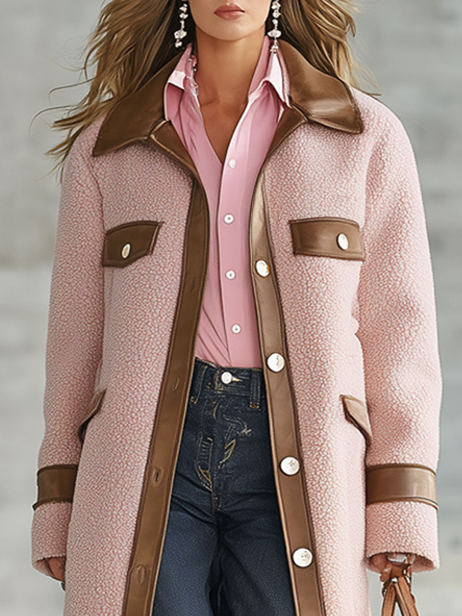 Long Rose en Polaire avec Détails en PU Marron - Style Western Rétro