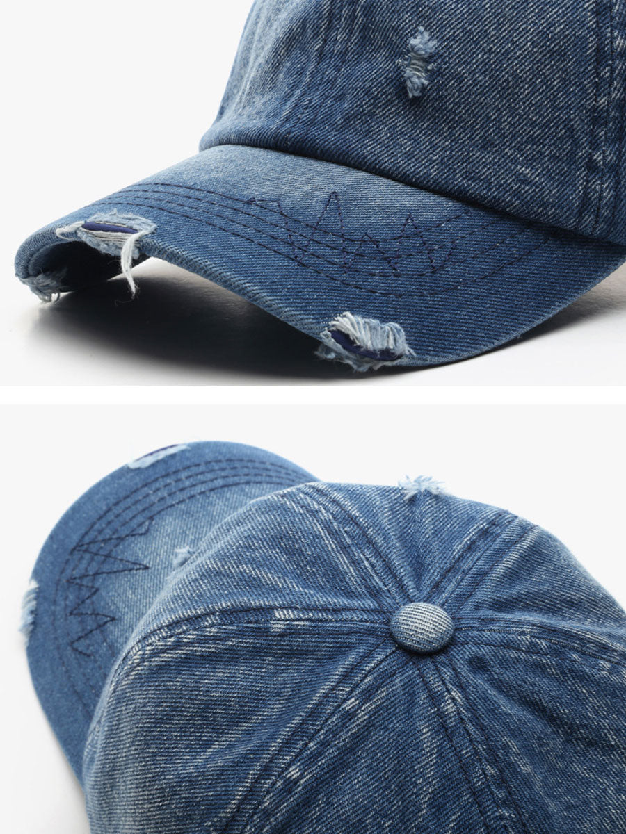 Casquette de Baseball Vintage en Denim Effet Usé et Déchiré