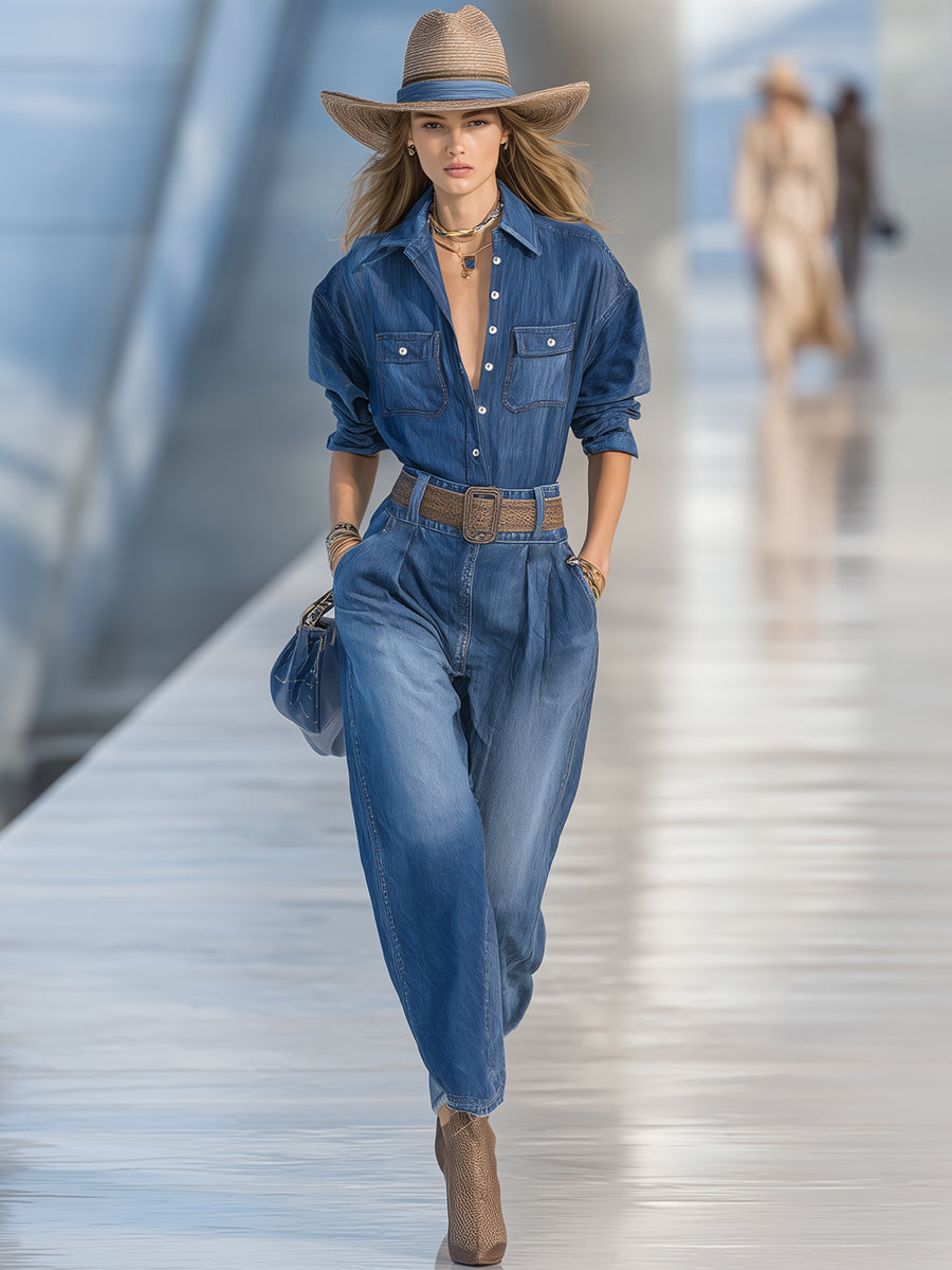 Ensemble Décontracté en Jean Bleu avec Pantalons Amples