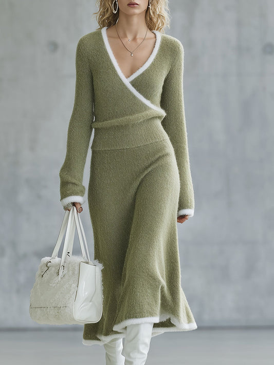 Ensemble Rétro : Jupe et Pull Tricoté en Laine Vert Clair