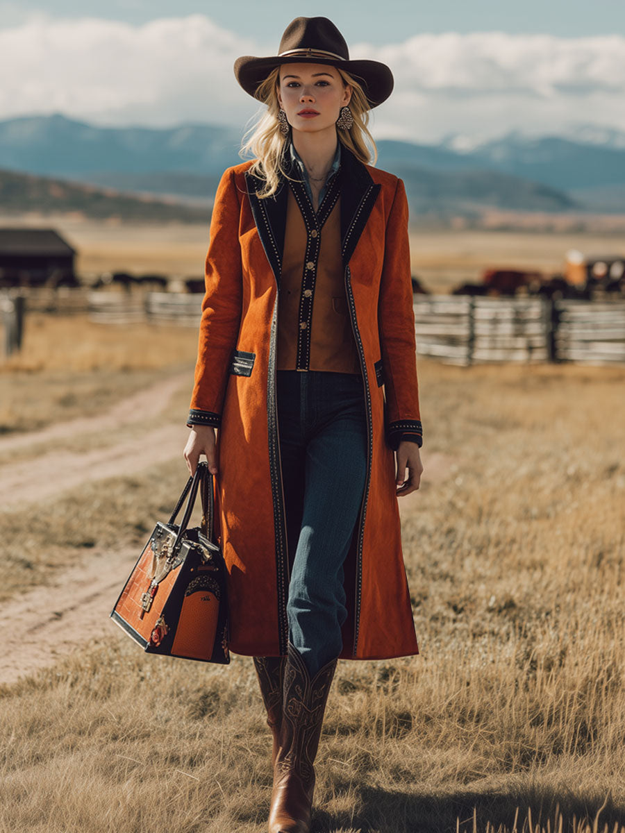Veste en Faux Suède Orange Nomade au Style Western Rétro avec Détails Noirs