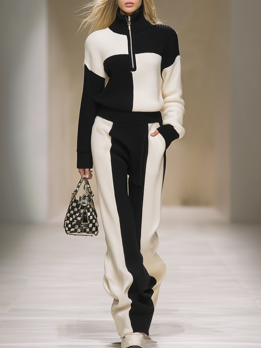 Ensemble Sportif Rétro : Pull Zippé à Col Montant et Pantalon Bicolore