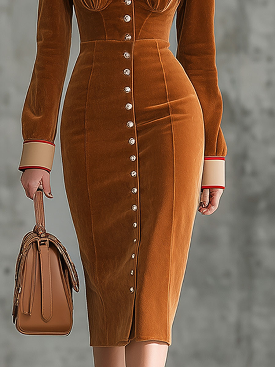 Robe Midi Vintage en Velours Caramel avec Détails en Similicuir