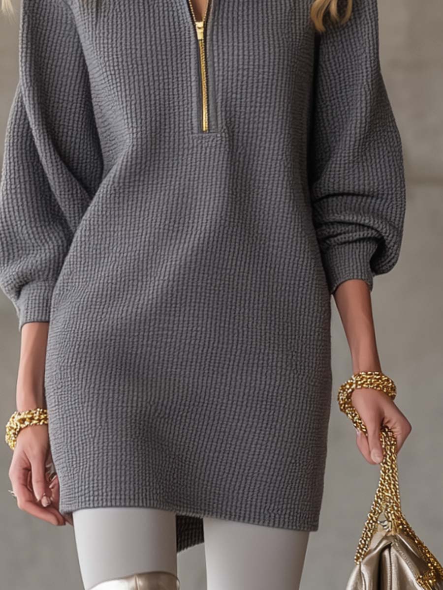 Robe Mini Grise Waffle à Manches Trois-quarts avec Col Revers et Zip Élégant
