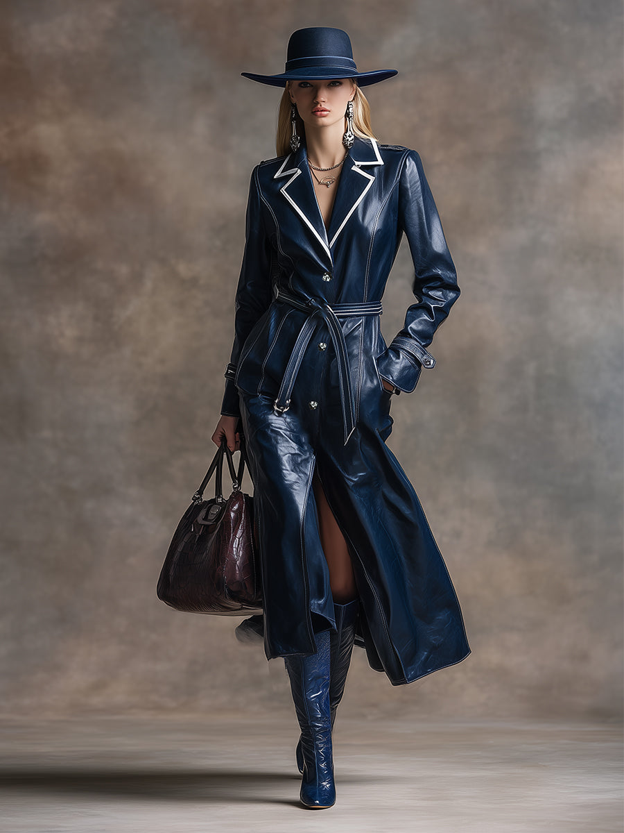 Veste Longue en PU Marine avec Ourlet Rétro Contrasté