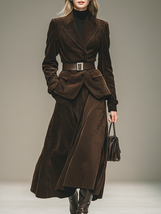 Ensemble Élégant en Velours Côtelé : Blazer et Jupe au Style Western Vintage