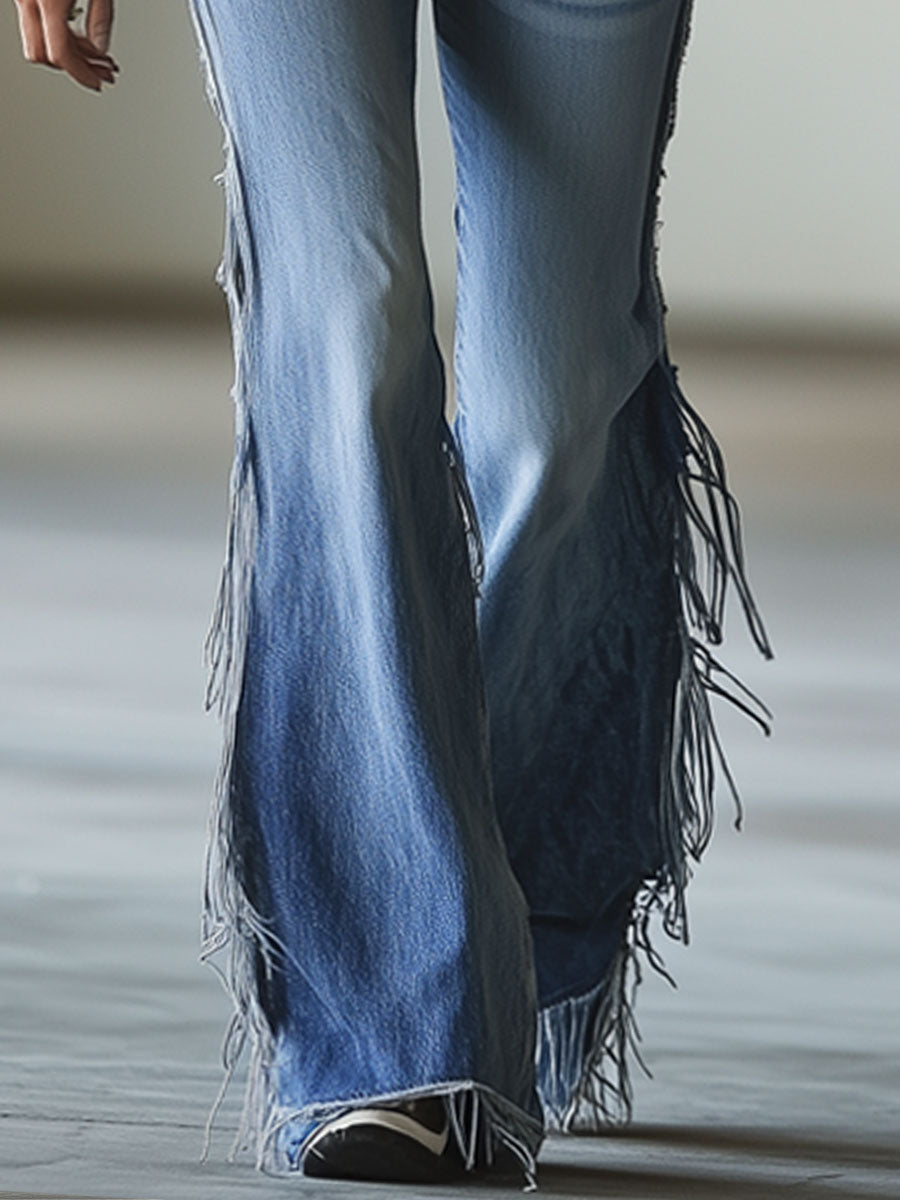 Jean Évasé Vintage Bleu avec Détails à Franges