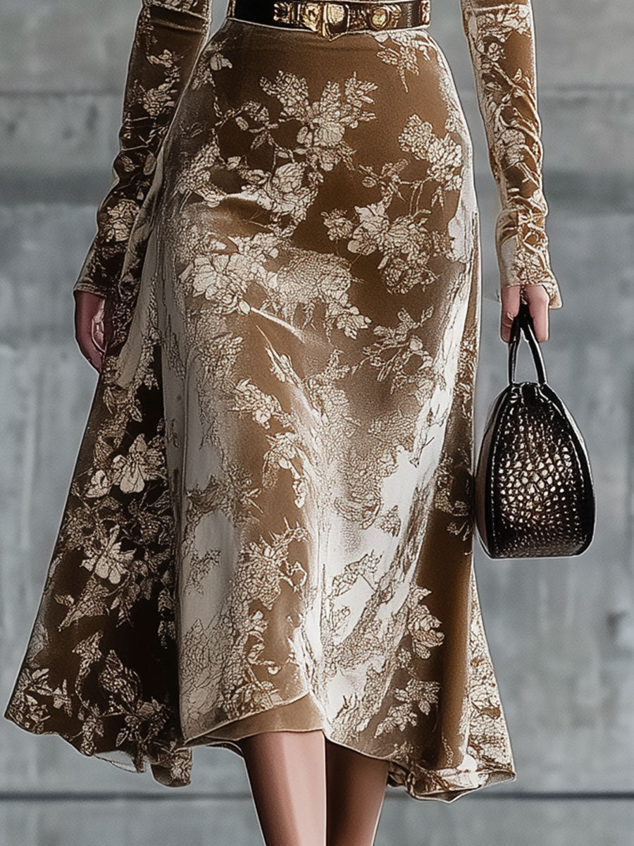 Robe Midi Rétro en Velours Imprimé Caramel