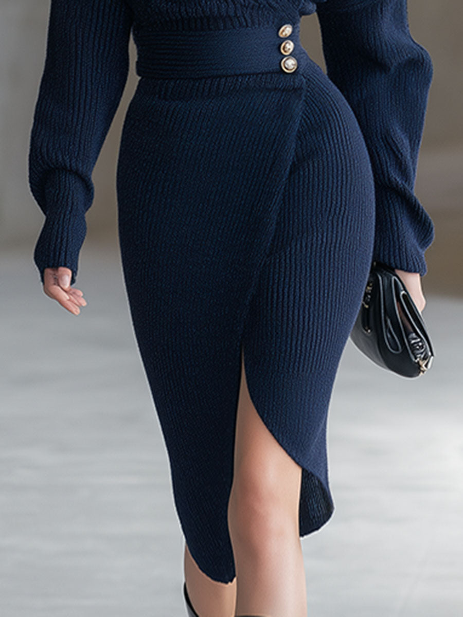 Robe Midi Élégante en Tricot Bleu Marine à Décolleté en V