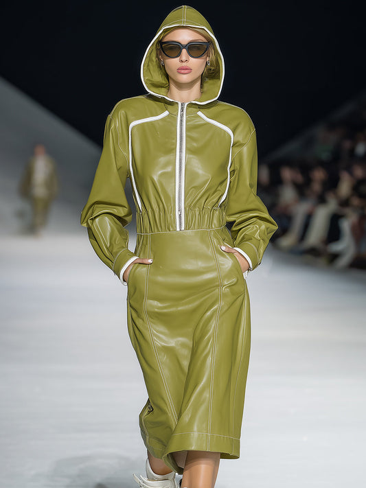 Chic Midi Hoodie Dress in Trendy Green Faux Leather