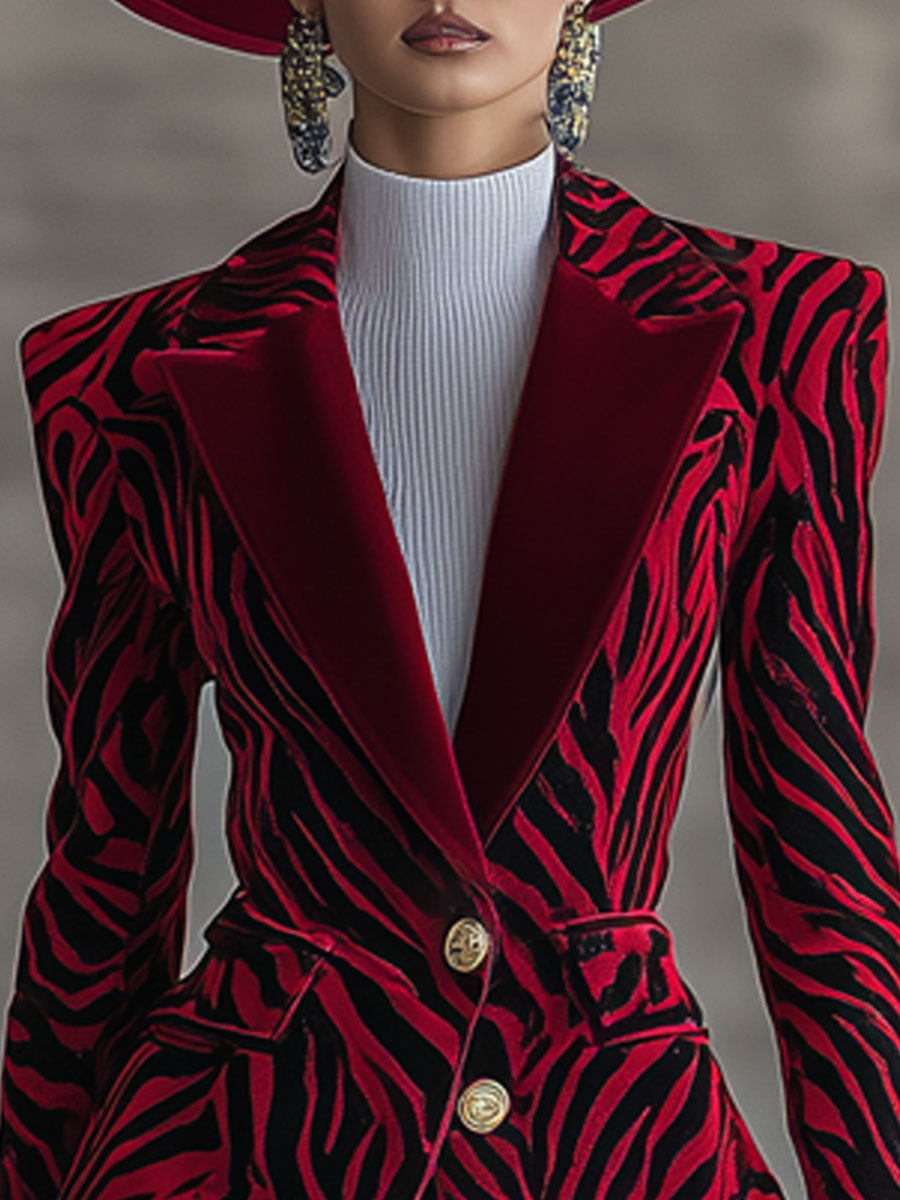 Veste en Velours Rouge à Motif Zèbre - Chic Nomade Urbain Rétro