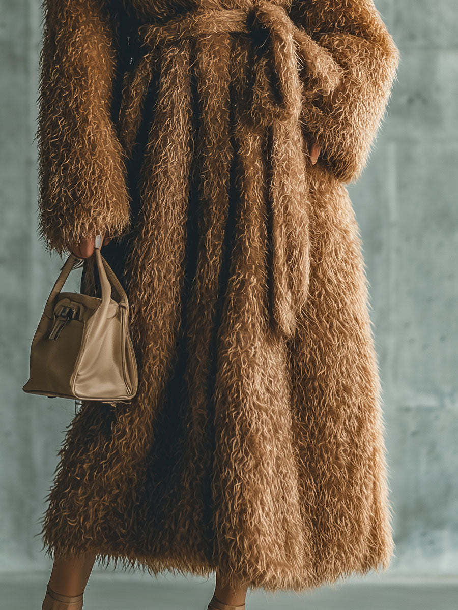 Chic Manteau Long en Fourrure Synthétique Marron