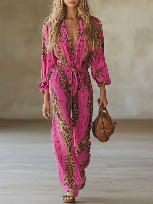 Combinaison Décontractée en Chiffon Léopard Rose et Rouge à Manches Longues