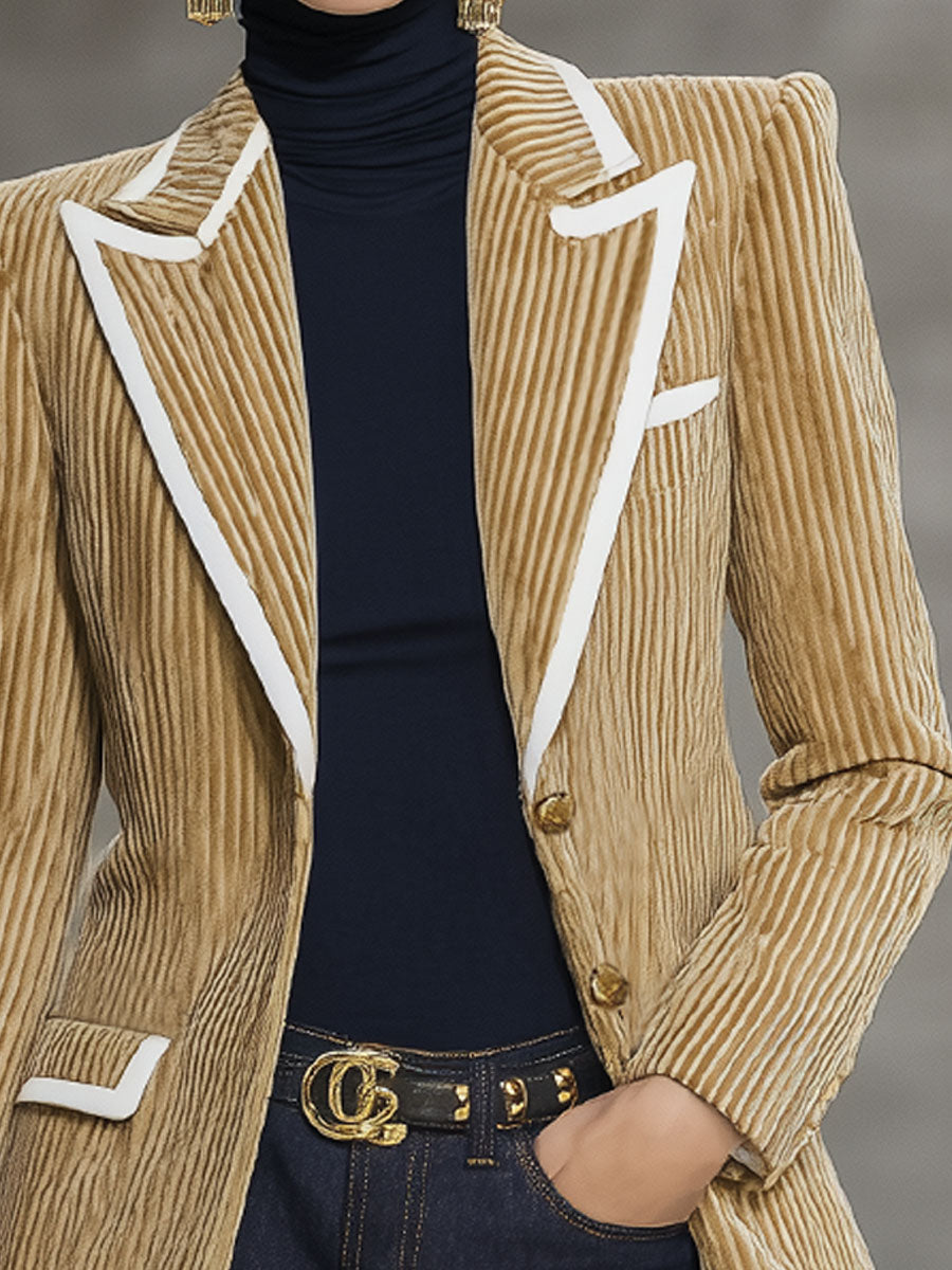 Veste Élégante en Velours Rayé avec Détails Contrastants