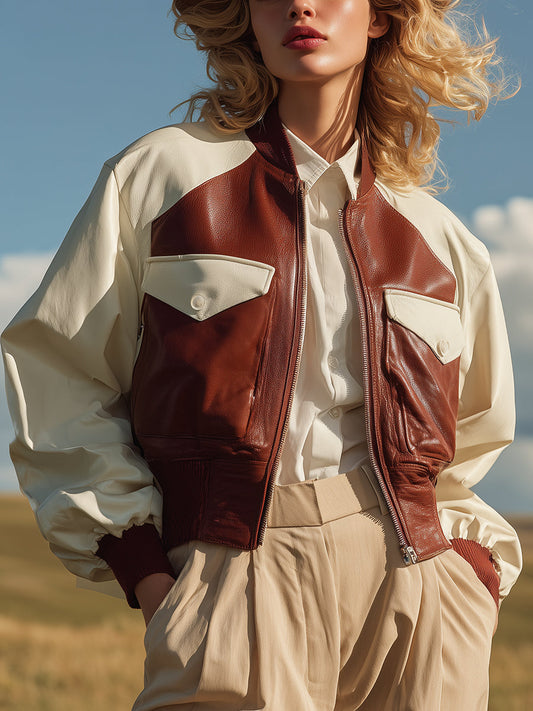 Veste Aviateur Cropped en Simili Cuir Coloré - Chic et Tendance