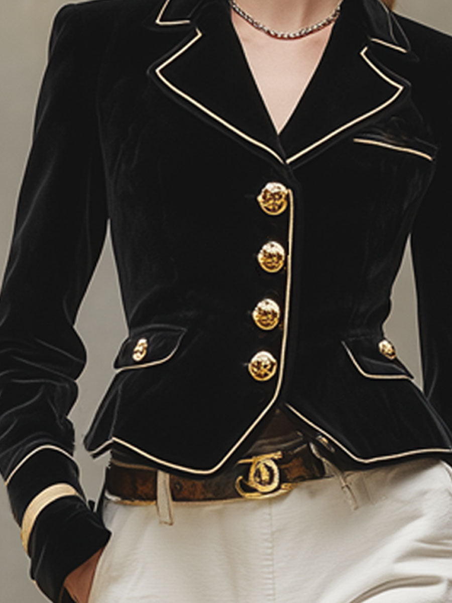 Veste Cintrée en Velours Noir avec Col Cranté et Détails Dorés