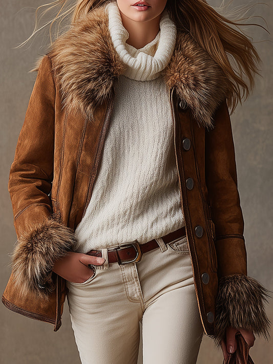 Veste en Suède Synthétique Marron avec Éléments en Laine Vintage Style Western