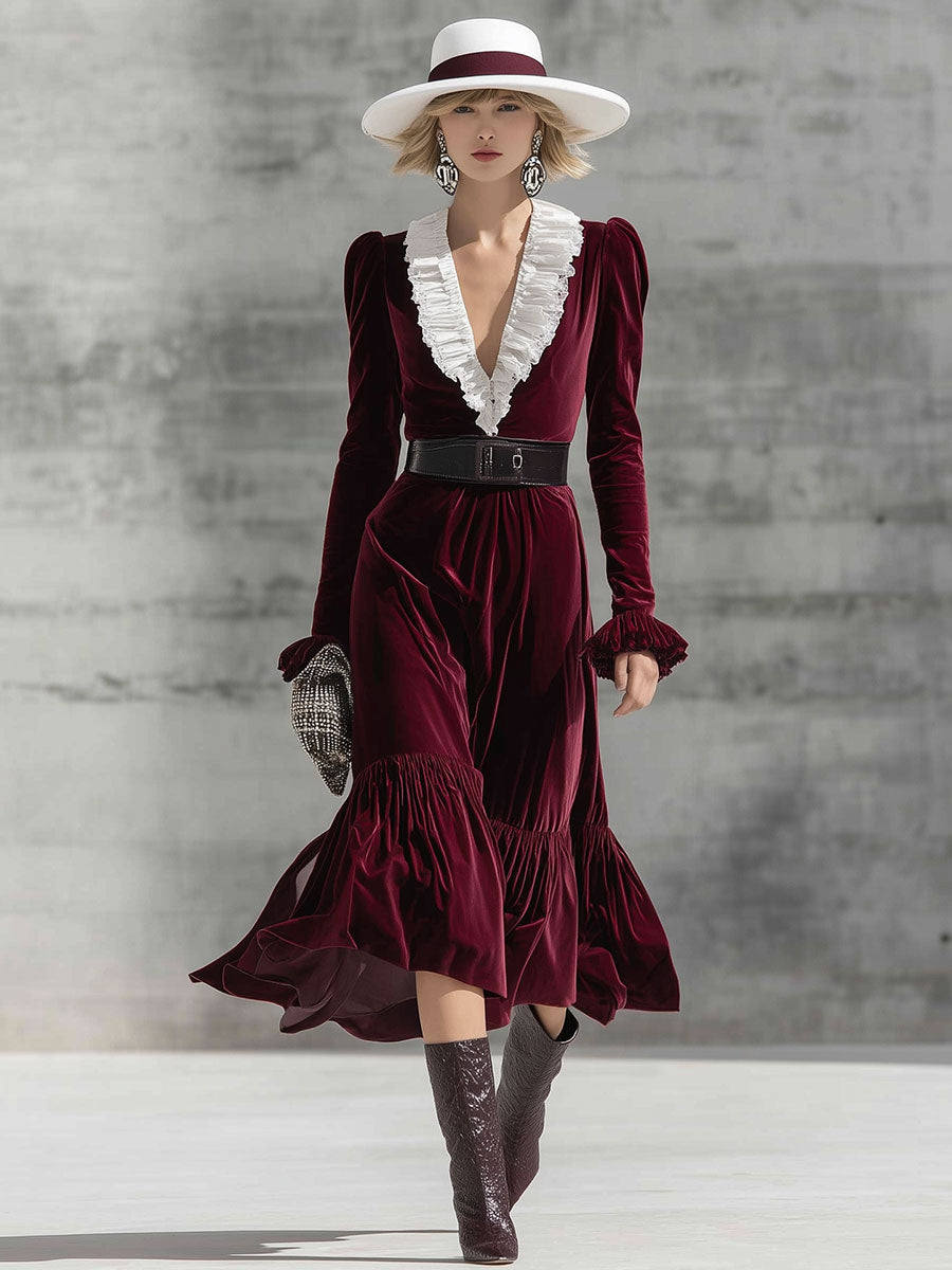 Robe Midi Rétro en Velours Bordeaux