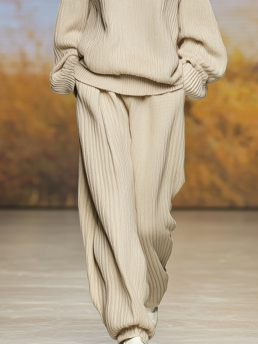 Chic Ensemble Tricoté Beige avec Turtleneck et Pantalon Décontracté