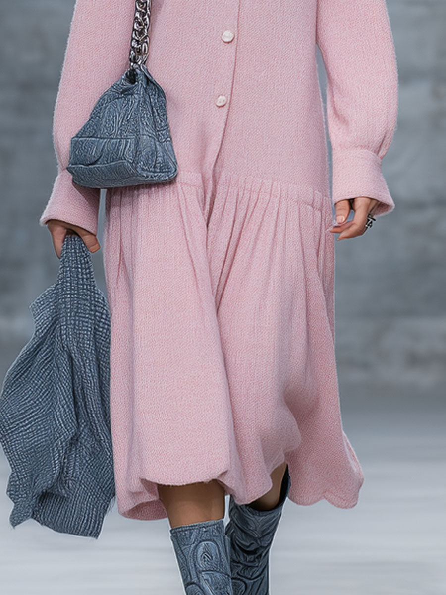 Robe Midi Plissée Rétro Rose en Tricot - Ample et Élégante à Manches Longues