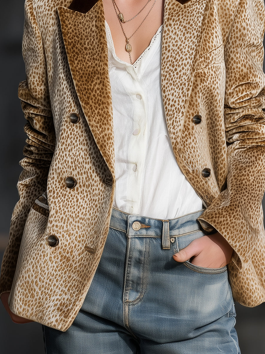 Veste en Velours à Col Coloré et Imprimé Léopard : Élégance Rétro et Tendance