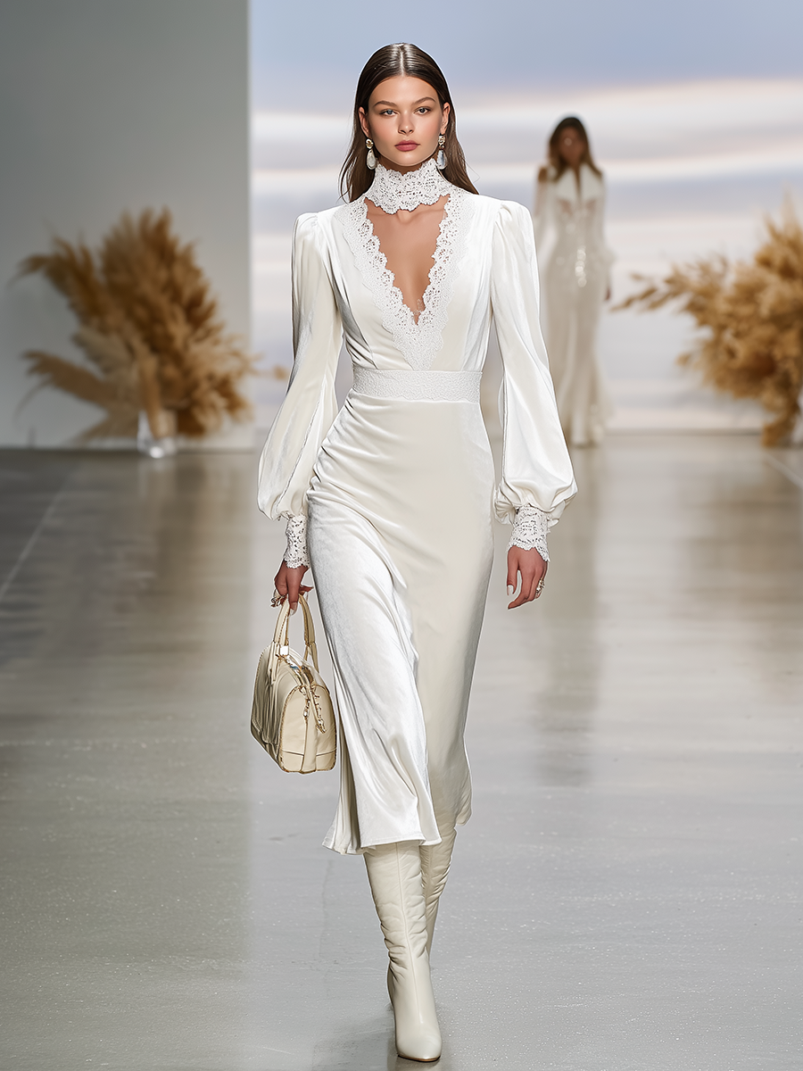 Robe Maxi en Velours avec Manches Lanternes et Élégante Dentelle Rétro