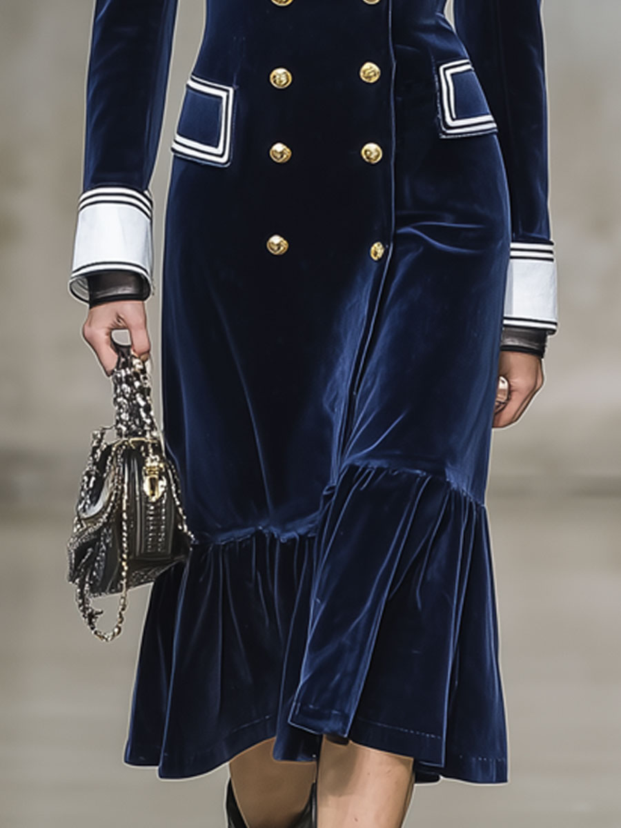Robe Midi en Velours Marine à Volants avec Détails Écrus