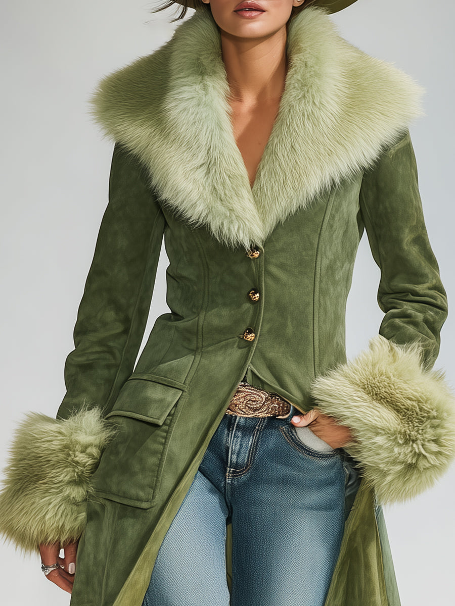 Veste Vintage en Suède Synthétique Verte avec Col en Fausse Fourrure